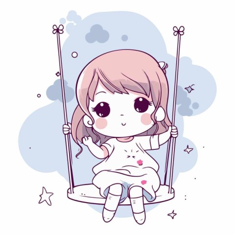 cute little girl sitting on swing with stars and clouds vector i