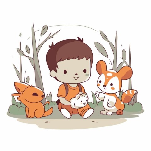 Cute little boy playing with his little animals.