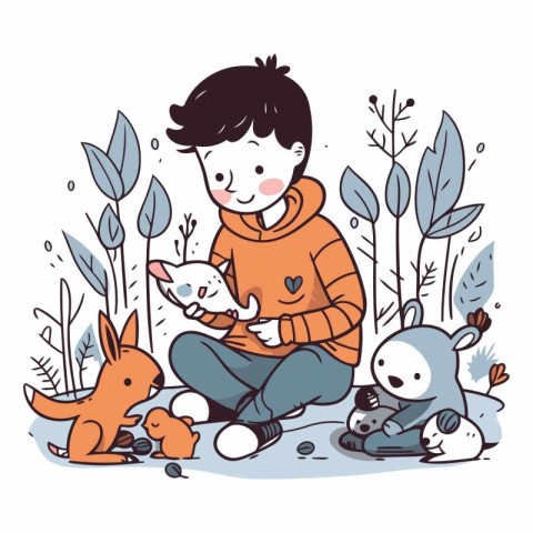 Cute boy playing with pets in the park.