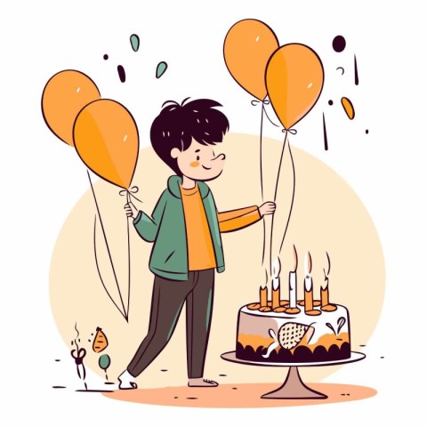 Cute boy with birthday cake and balloons in cartoon style.