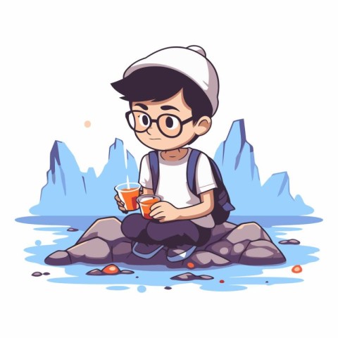 Cute little boy sitting on the rock and drinking coffee