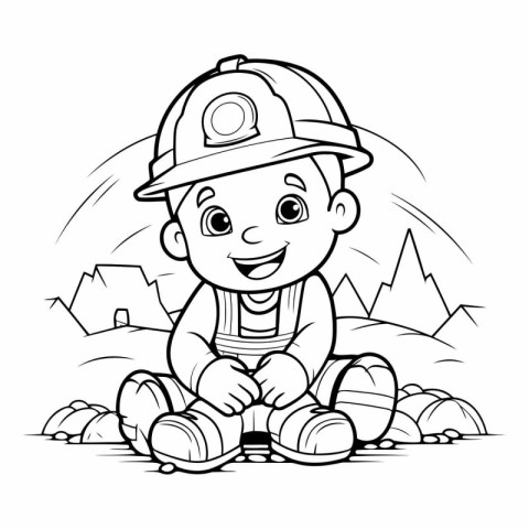 Black and White Cartoon Illustration of Little Fireman or Firema