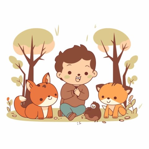 Cute little boy playing with foxes in the park