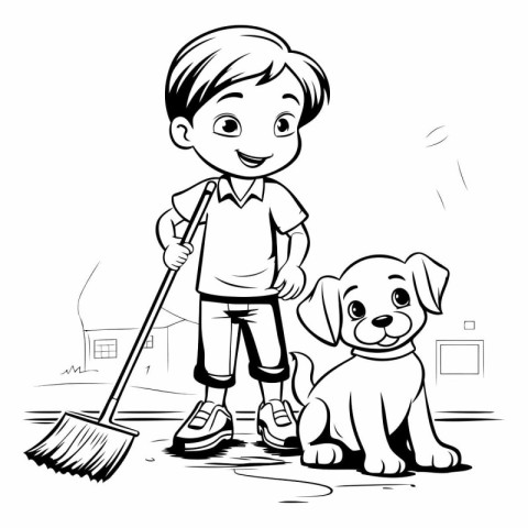 Boy with a dog and a broom. Black and white vector illustration.