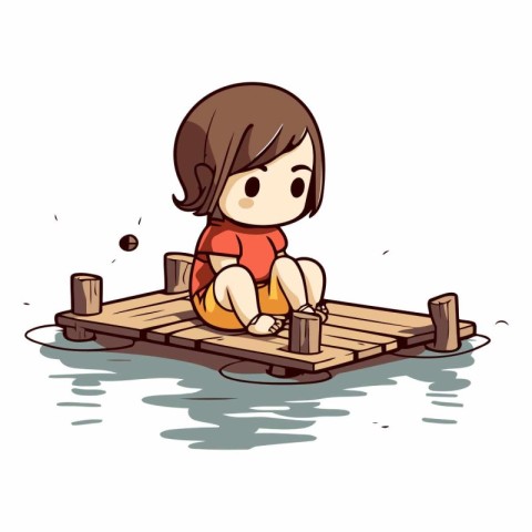 Little girl sitting on the wooden bridge over the river.