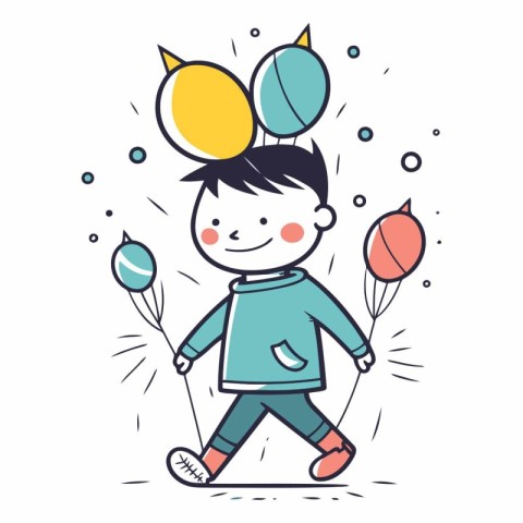 Cute little boy with balloons in cartoon style.