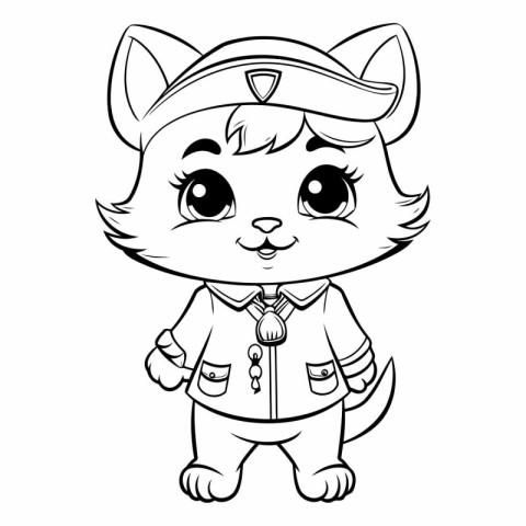 Black and White Cartoon Illustration of Cute Little Cat Pirate A