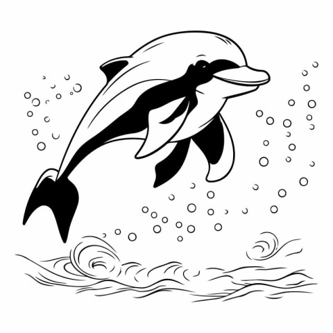 Dolphin jumping out of water. Black and white vector illustratio