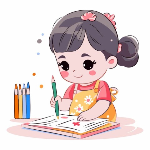 Cute little girl drawing with colorful pencils.