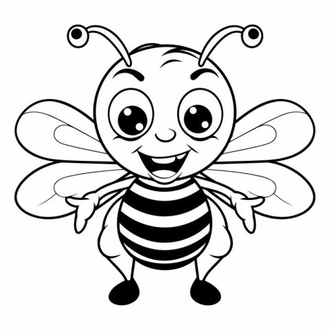 Black and White Cartoon Illustration of Cute Bee Mascot Characte