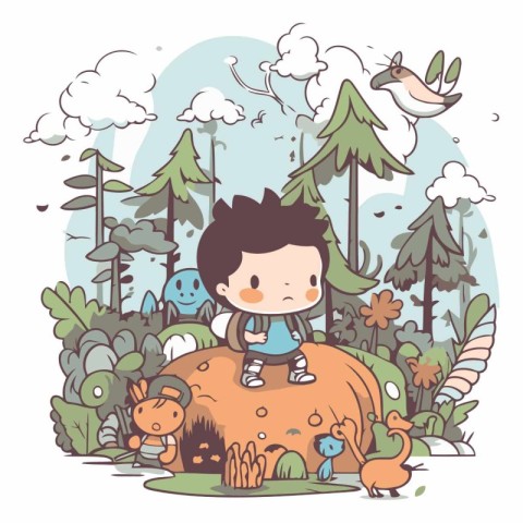 Vector illustration of a little boy playing in the forest with h