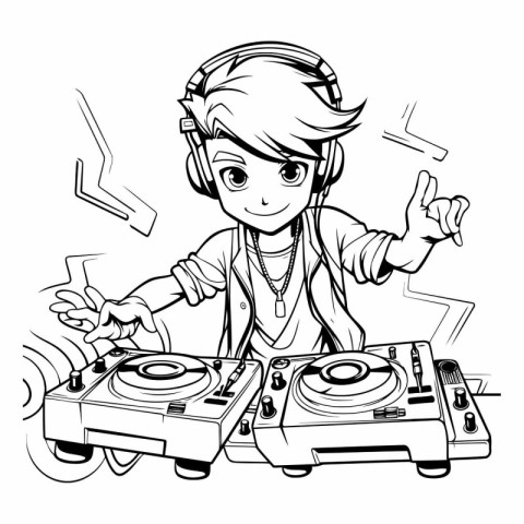 Black and White Cartoon Illustration of Kid Boy DJ Playing Music