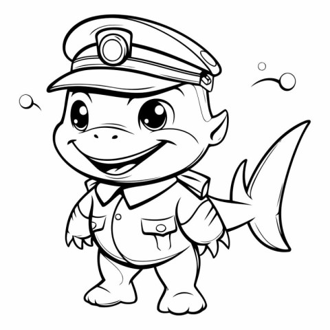 Black and White Cartoon Illustration of Cute Little Fish Captain