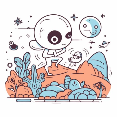 Vector illustration of a cute alien in the sea. Doodle style.