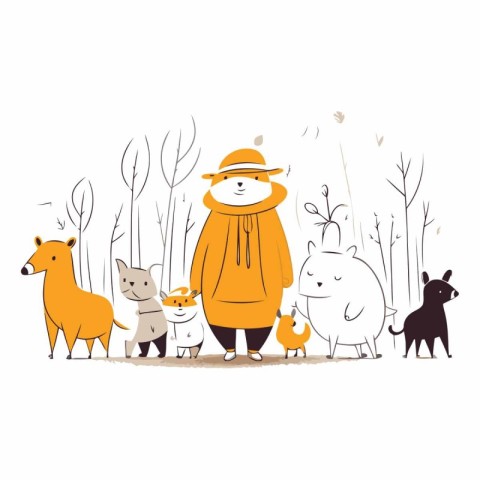 Vector illustration of a boy in a warm coat walking with dogs.