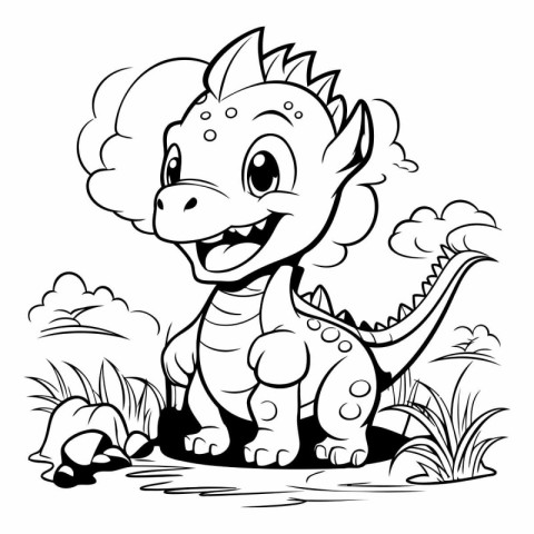 Black and White Cartoon Illustration of Cute Dinosaur Animal for