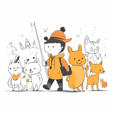 Cute kids in warm clothes with dog. cat. fox and dog