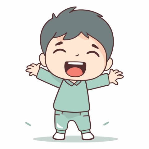 Cute boy laughing and waving hand cartoon vector illustration gr