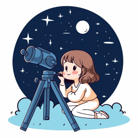 Cute little girl with telescope in the night sky.