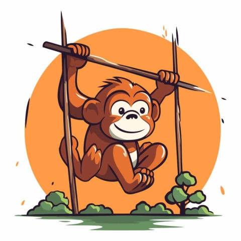 Cartoon funny orangutan swinging on the rope.