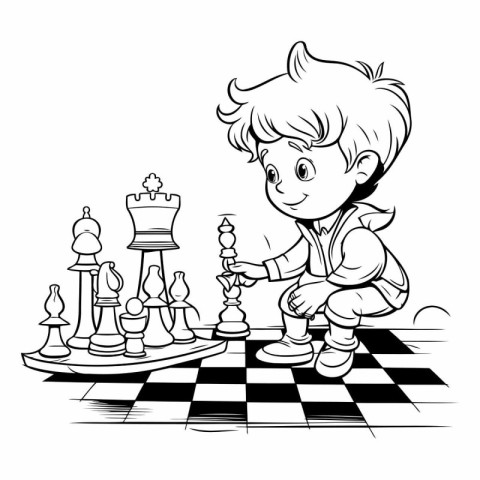 Little boy playing chess. Black and white vector illustration fo