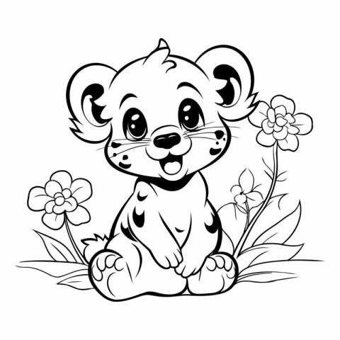 Cute cartoon leopard with flowers for coloring book