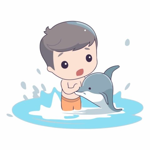 Boy playing with a dolphin in the water on white background.