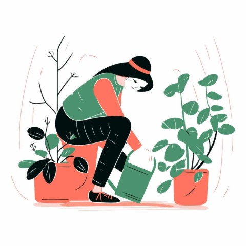 Vector illustration of a girl watering plants in pots. Flat styl