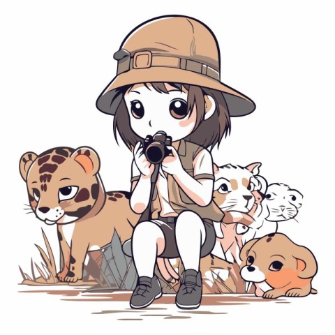 Illustration of a girl in safari outfit with her dog and cat