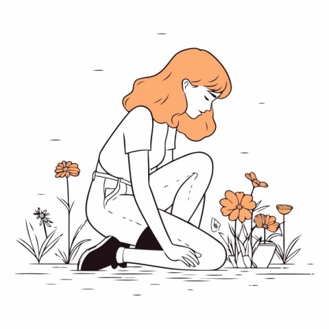 Girl sitting on the ground and looking at flowers.