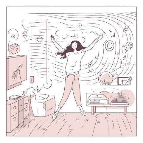 Girl dancing in the bathroom in line art style.