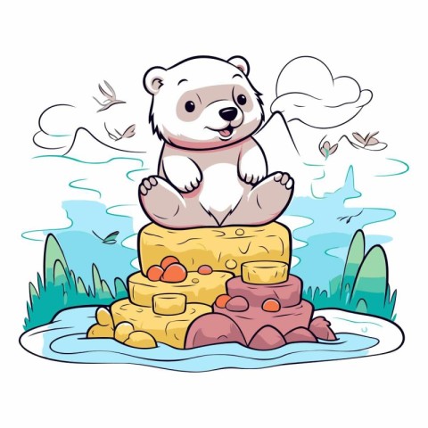 Illustration of a Cute Polar Bear Sitting on a Rock in the Park