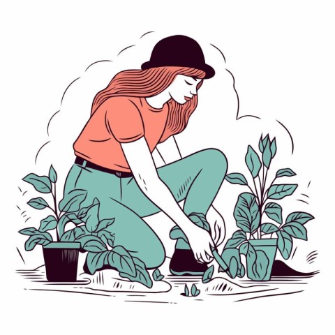 Gardener woman planting a houseplant. Isolated vector illustrati