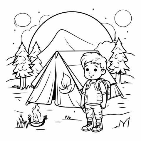 Coloring Page Outline Of a Boy Hiking Around Camping Tent