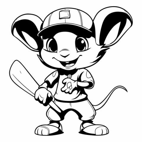 Cute cartoon mouse with a baseball bat and a baseball cap.