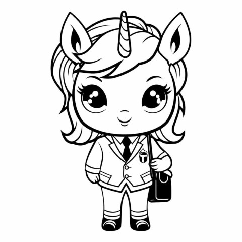 Unicorn Schoolgirl - Black and White Cartoon Illustration. Vecto