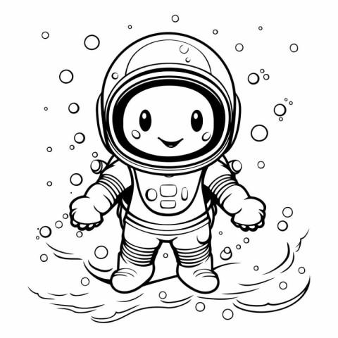 Astronaut in the water. Black and white vector illustration.