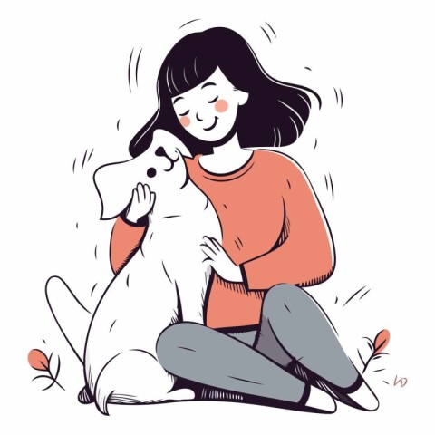 Vector illustration of a girl sitting with a dog in her arms.