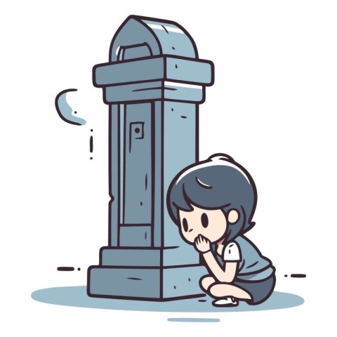 Sad boy sitting next to mailbox in cartoon style.