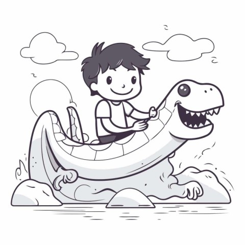 Cartoon illustration of a boy riding an inflatable crocodile.