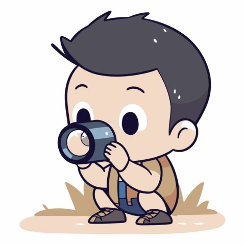 Boy taking picture with a camera in cartoon style.