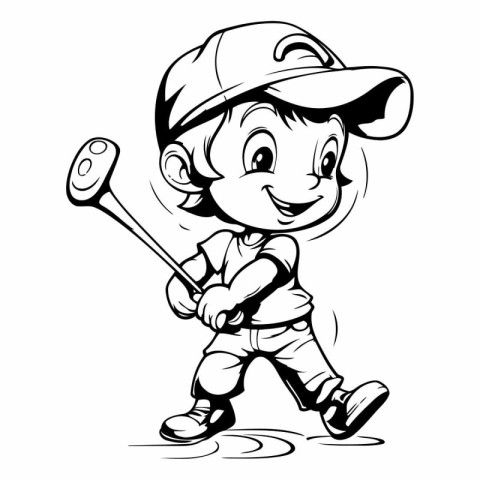 Little Boy Playing Baseball - Black and White Cartoon Illustrati