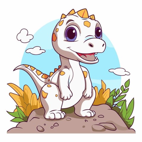 Cute cartoon dinosaur sitting on the hill of a cute dinosaur.