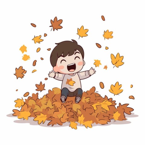 boy jumping in the autumn leaves on a white background