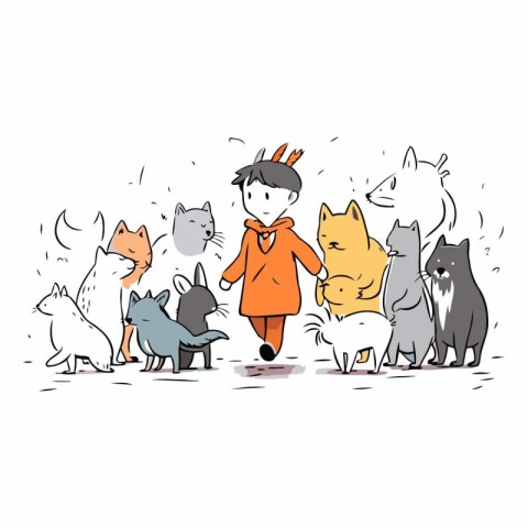 Cartoon kids playing with cats and dogs. Vector hand drawn illus