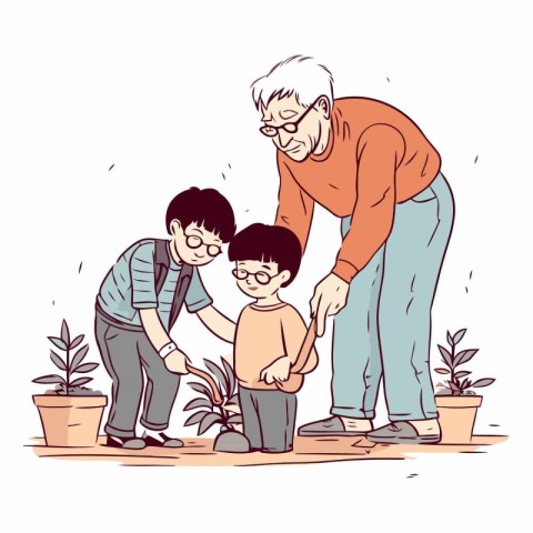 Grandfather and grandson planting flowers in the garden.