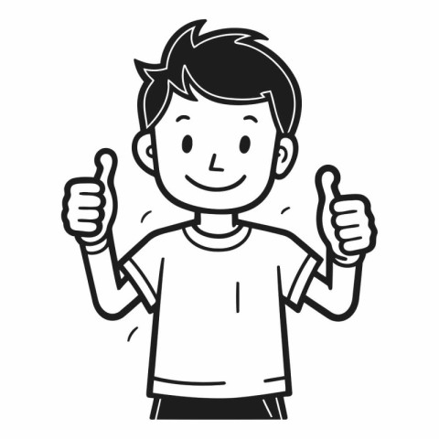 Boy with Thumbs Up - Black and White Cartoon Vector Illustration