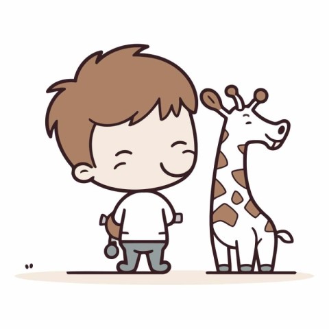 Cute little boy and giraffe in cartoon style