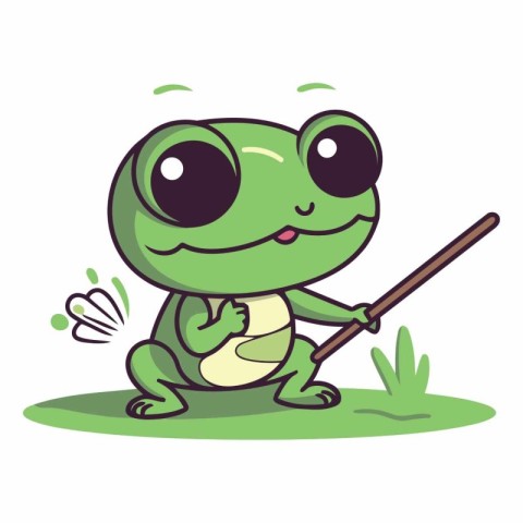 Cute little frog holding a stick on white background.