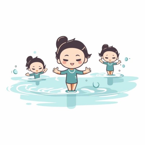 Cute cartoon girl playing with her friends in water.